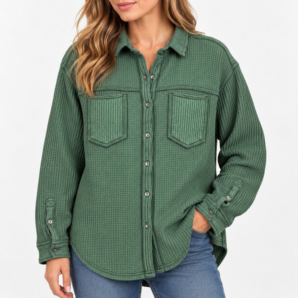 Aerie Waffle Knit Button Down Shirt Sage Green Oversized Shacket XL